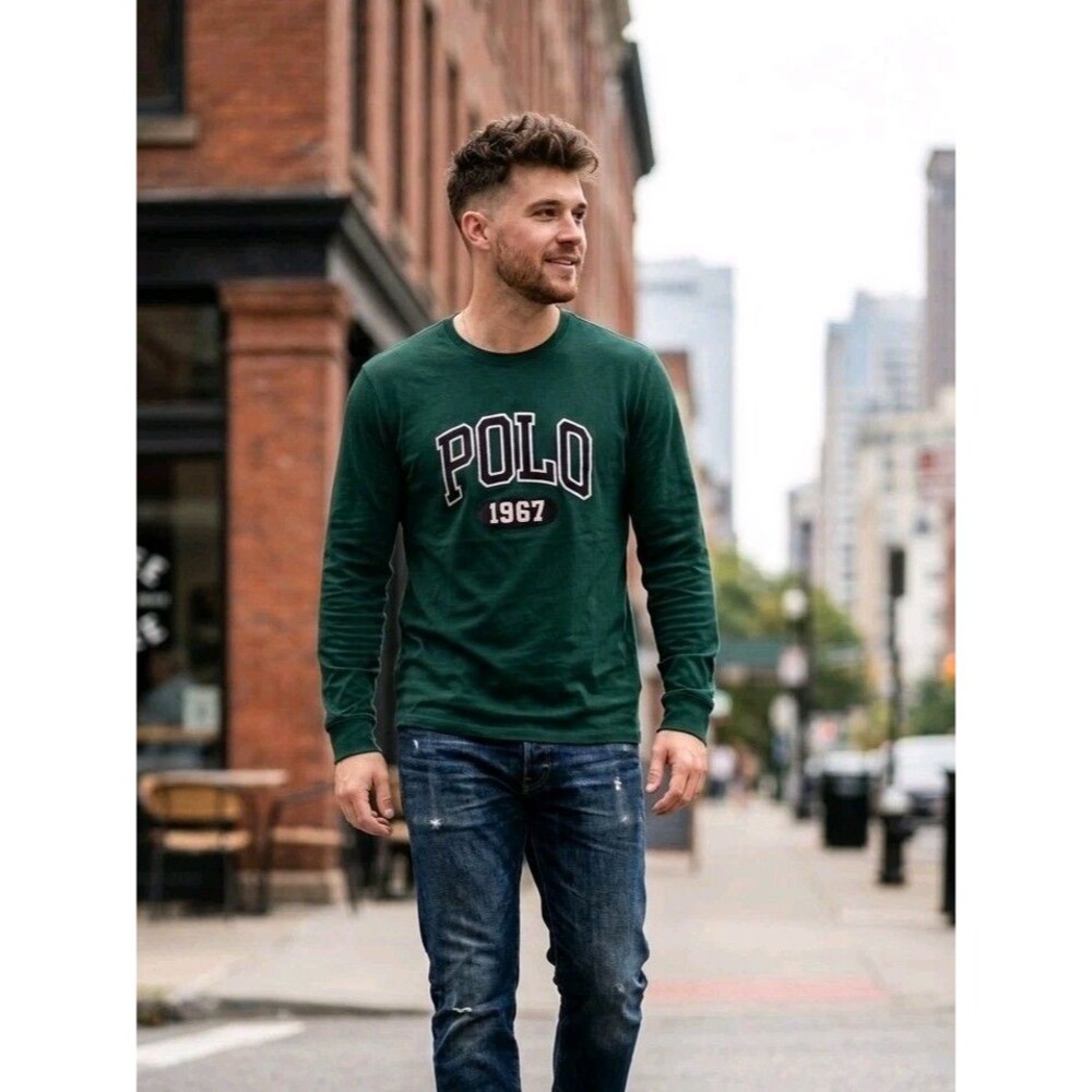 Polo Ralph Lauren Mens M Green Long Sleeve Shirt Graphic 1967 Spellout Crewneck